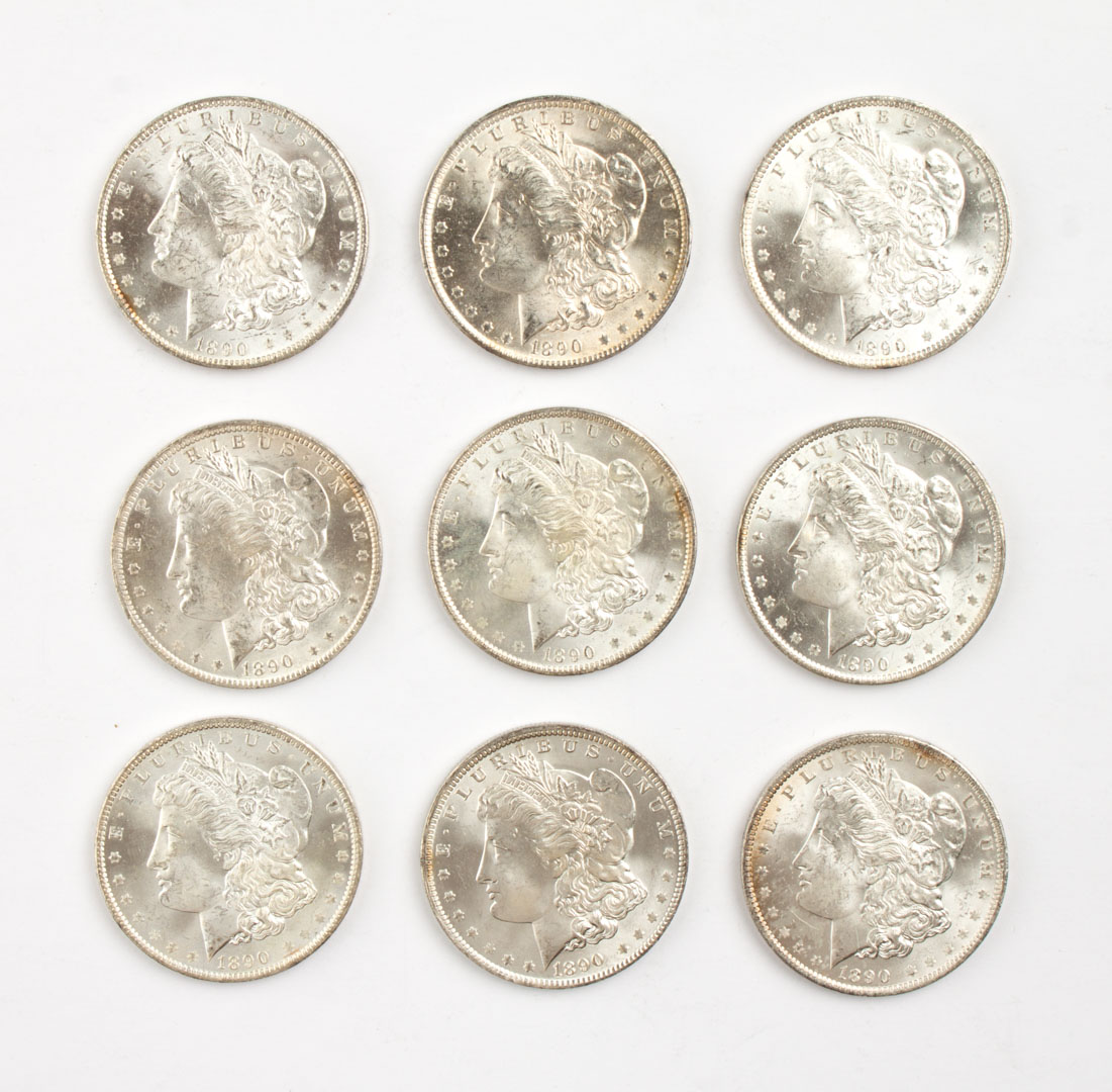 Appraisal: Nine U S Morgan type silver dollars -O MS- Condition