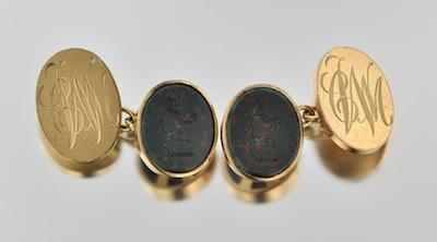 Appraisal: A Pair of English Gold and Bloodstone Intaglio Cufflinks k