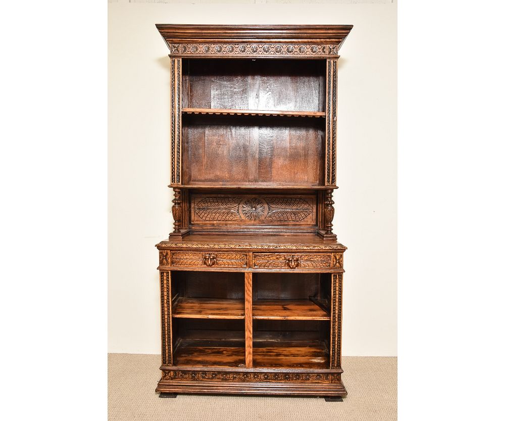 Appraisal: Oak Open Shelf Cupboard Oak two-piece open shelf cupboard from