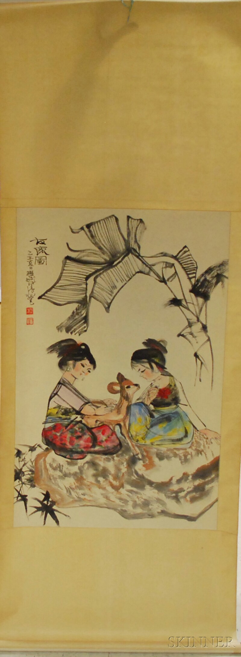 Appraisal: Chinese Ink and Watercolor on Paper Hanging Scroll Depicting Two