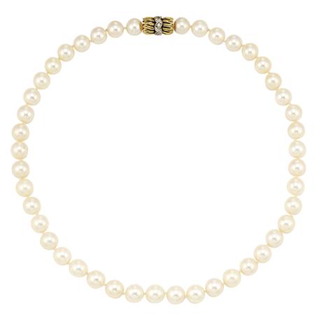 Appraisal: Cultured Pearl Necklace with Gold and Diamond Clasp Estimate -