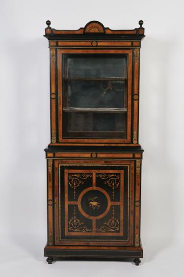 Appraisal: A VICTORIAN EBONISED AND BURR WALNUT DISPLAY CABINET the upper