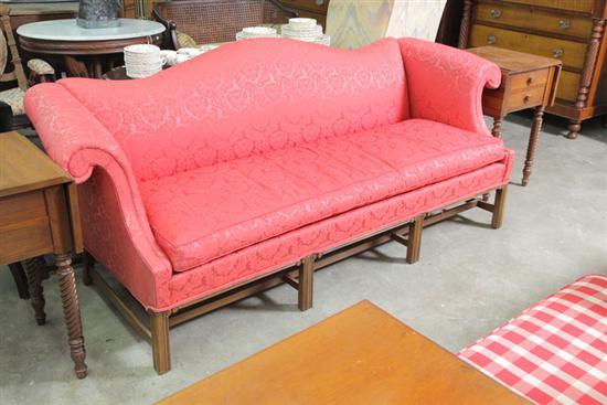 Appraisal: SOFA Camel back sofa with deep pink floral upholstery rolled