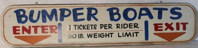 Appraisal: VINTAGE BUMPER BOATS SIGN WOODEN PAINTED WITHROUND ENDS ENTER EXIT