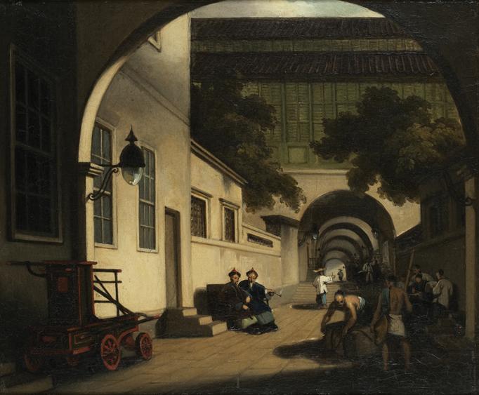 Appraisal: GEORGE CHINNERY - A street scene in Canton with Chinese