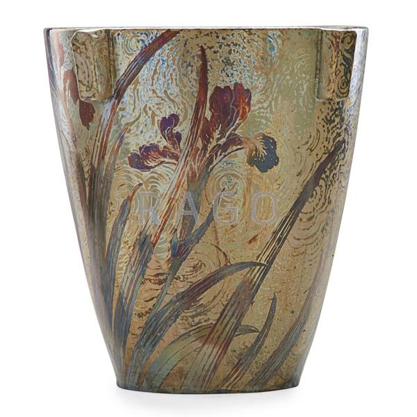 Appraisal: KELLER GUERIN Tall buttressed vase Condition Report Restoration to one