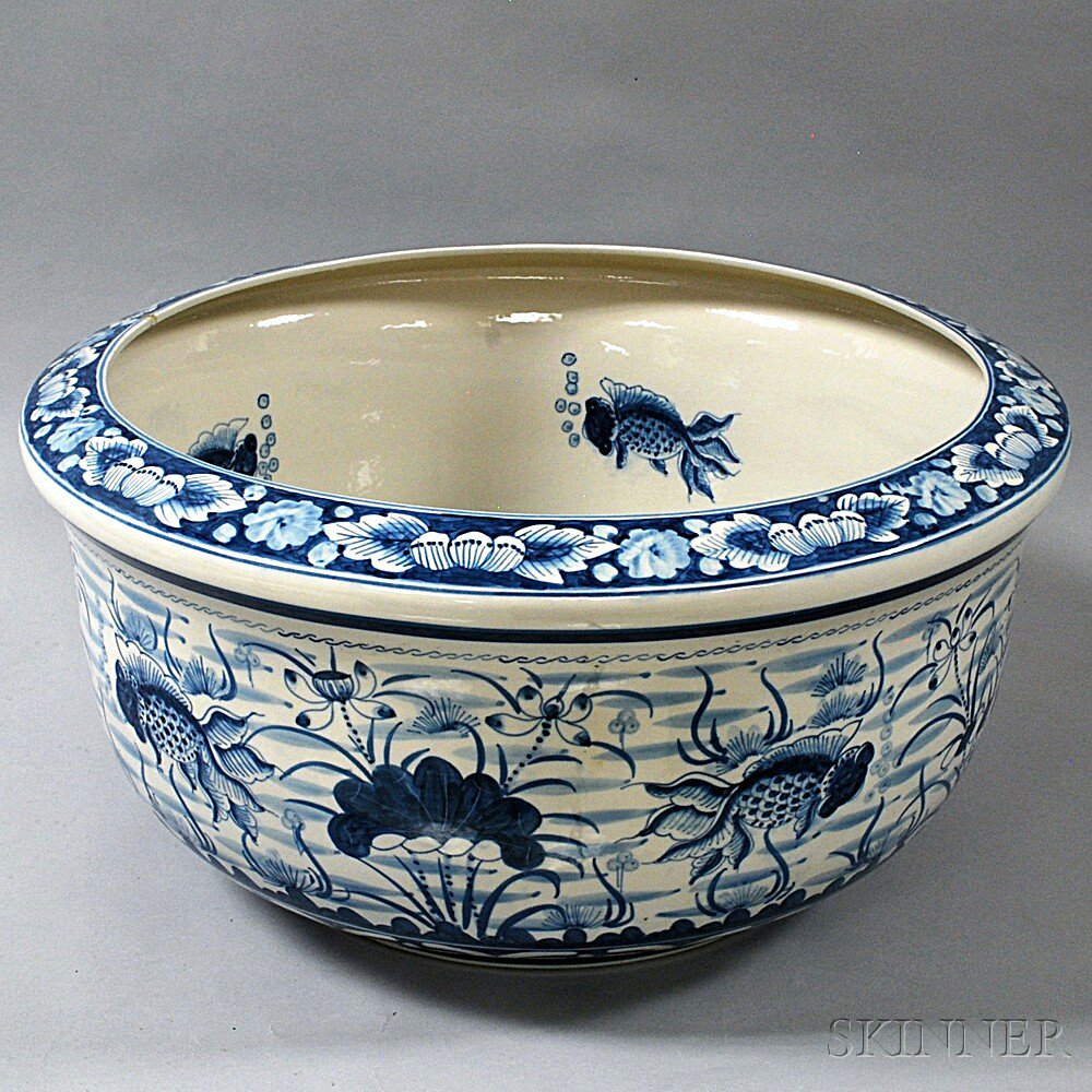 Appraisal: Empire-style Patinated-metal Stand with Ceramic Blue and White Fishbowl approx