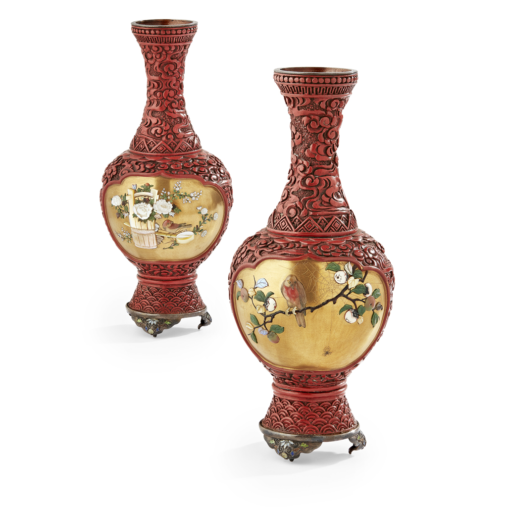 Appraisal: YPAIR OF SHIBAYAMA-INLAID TSUISHU CINNABAR LACQUER VASES MASAHARU MARK MEIJI