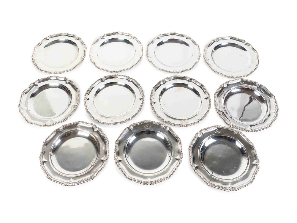 Appraisal: Eleven English Silver Georgian Style Dinner Plates Diameter inches Eleven