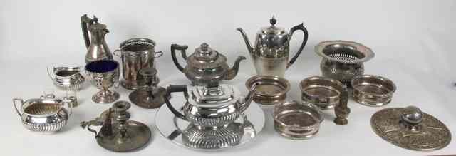 Appraisal: A collection of electroplated wares including teapots wine coaster etc