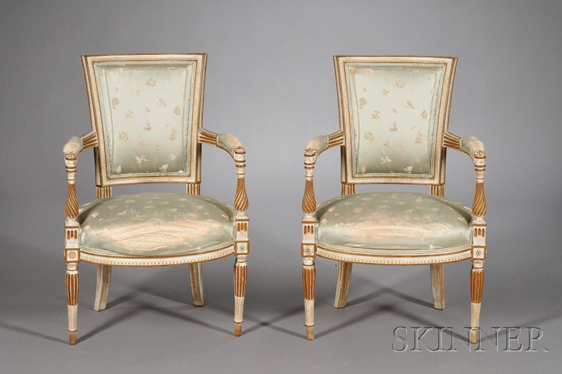 Appraisal: Pair of Louis XVI Style Painted Fauteuils en Cabriolet each