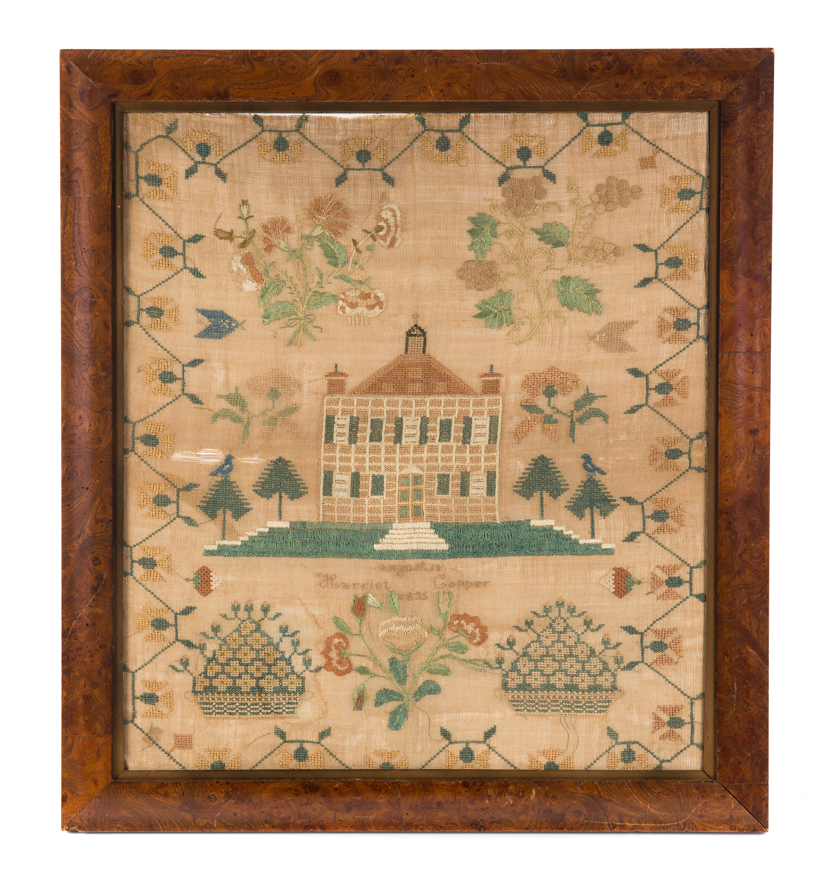 Appraisal: AMERICAN SAMPLER Silk on linen Well-done brick house in center