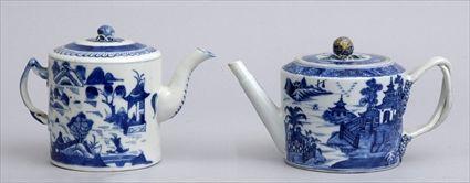 Appraisal: TWO CANTON BLUE AND WHITE CYLINDRICAL TEAPOTS AND COVERS Each