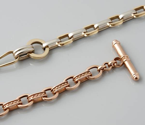 Appraisal: A k bicolor gold link bracelet with a k rose