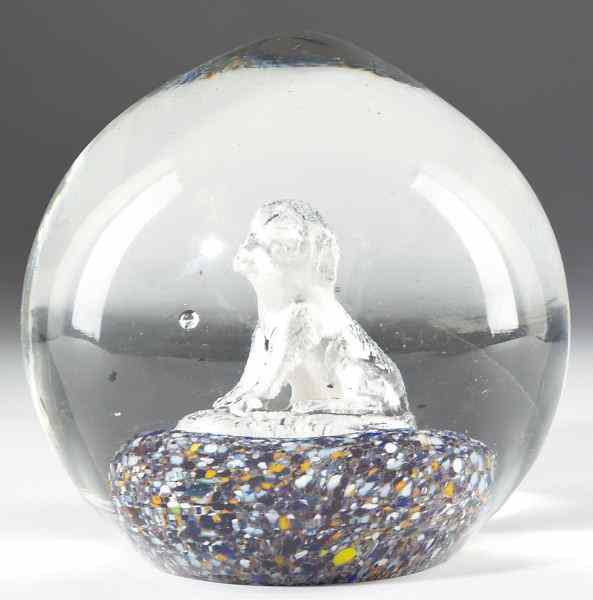 Appraisal: Antique Sulphide Glass Paperweightwith seated dog on multicolor base x