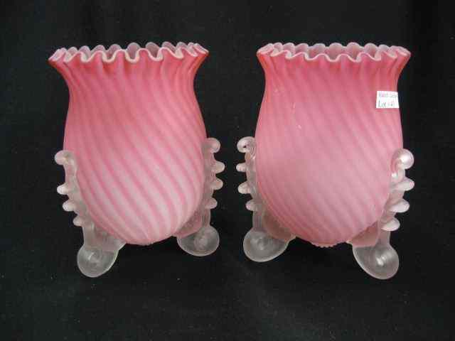 Appraisal: Pair of Victorian Cranberry Art Glass Vases satin peppermint swirl