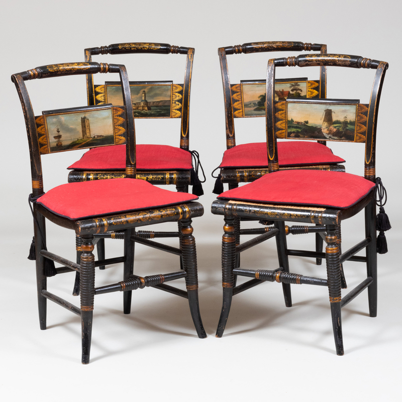 Appraisal: Set of Four Painted and Parcel-Gilt Rush Seat Fancy Chairs