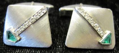 Appraisal: Diamond and emerald cufflinksTrapezoid shape satin finish each accented by