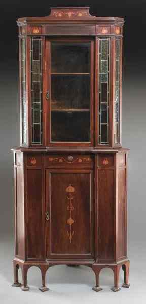 Appraisal: English marquetry corner cabinet in two pieces the top with