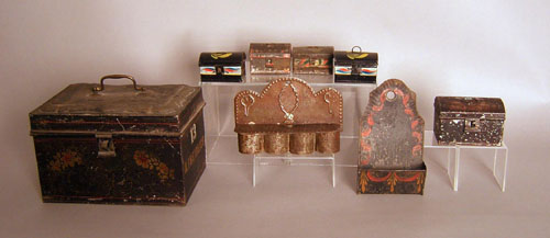 Appraisal: Six tole boxes together with a match holder and hanging