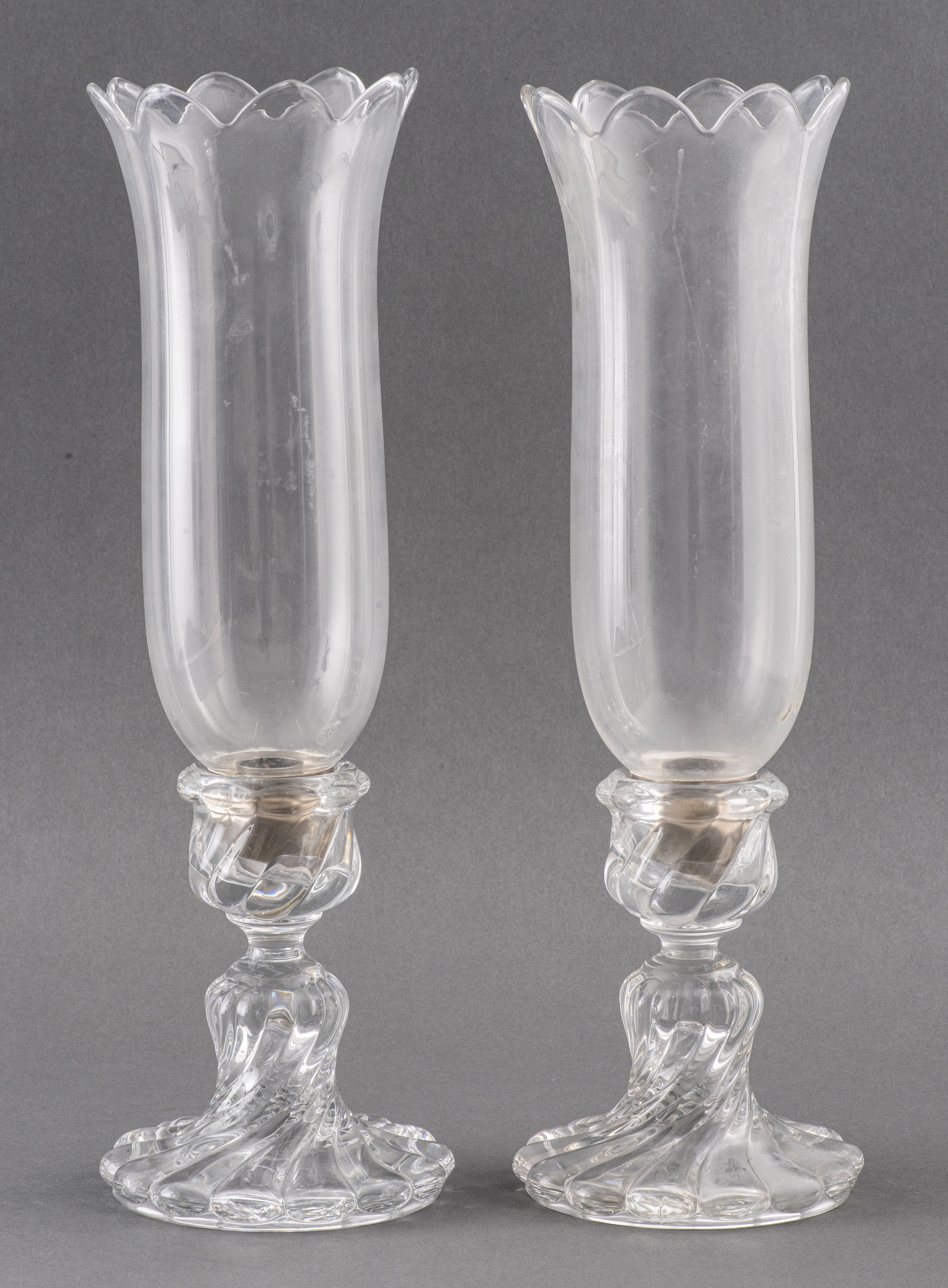 Appraisal: BACCARAT FRENCH GLASS HURRICANE LAMPS Baccarat French pair of glass