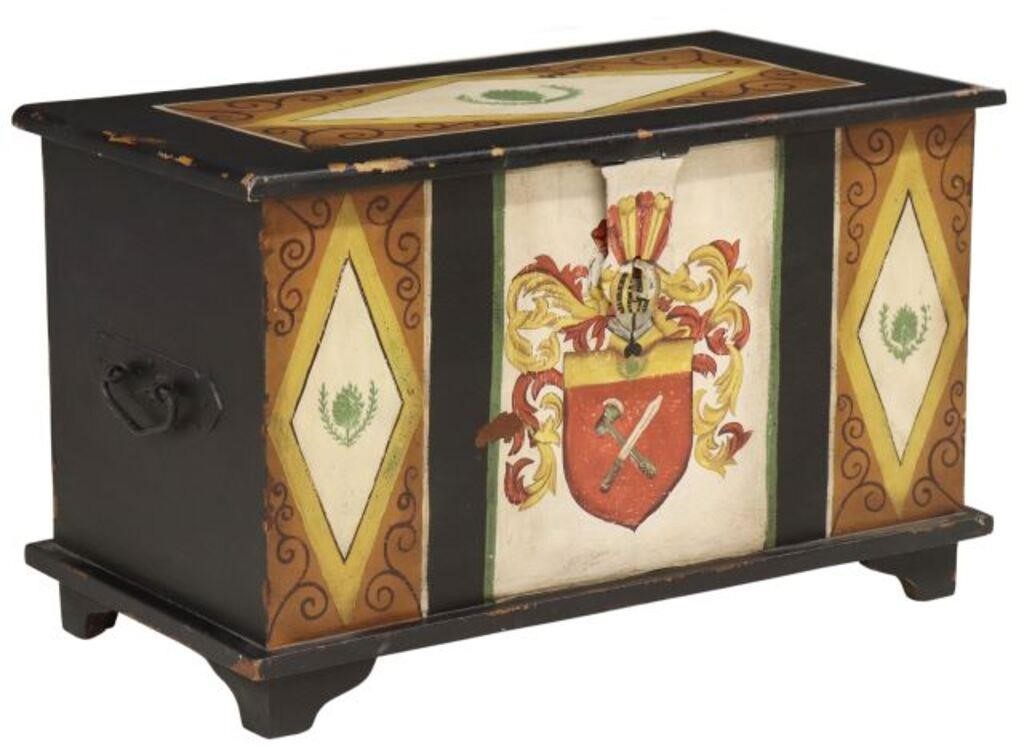 Appraisal: Paint decorated storage trunk th c front panel with heraldic