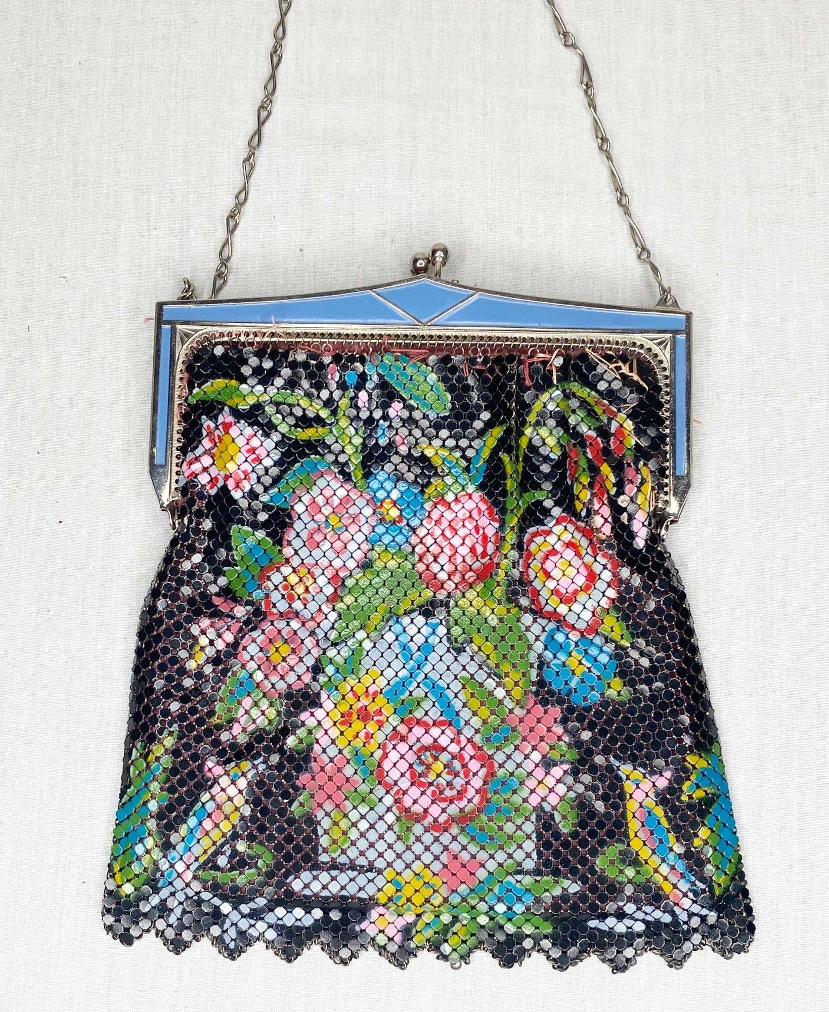 Appraisal: Art Deco Whiting Davis Enameled Mesh Floral Hand Bag long