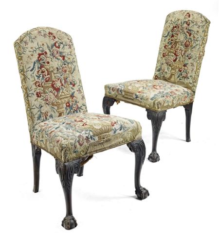 Appraisal: PAIR OF GEORGE II MAHOGANY AND TAPESTRY UPHOLSTERED SIDE CHAIRS