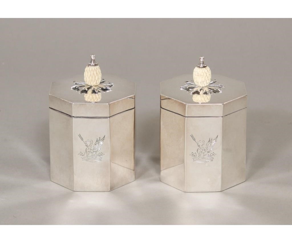 Appraisal: Pair of George III silver hexagonal tea caddies by Henry