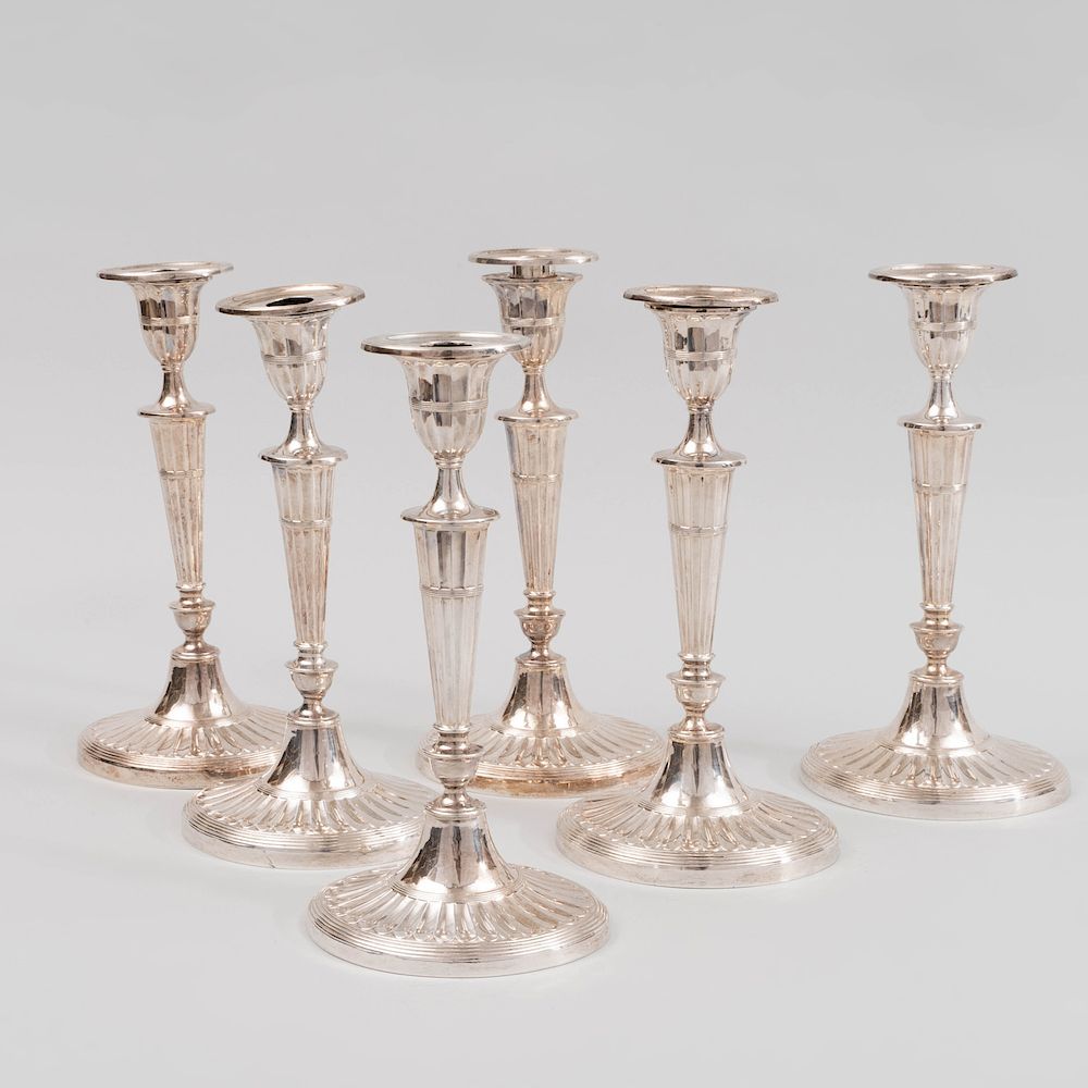 Appraisal: Set of Six English Silver Plated Candlesticks in the Adams