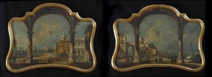 Appraisal: CONTINENTAL SCHOOL TWO VIEWS OF VENICE Oil on shaped canvas