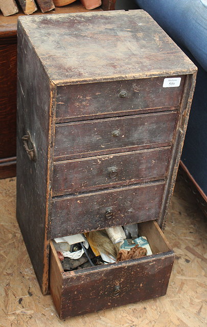 Appraisal: A STAINED PINE TABLE TOP CHEST OF FIVE DRAWERS cm