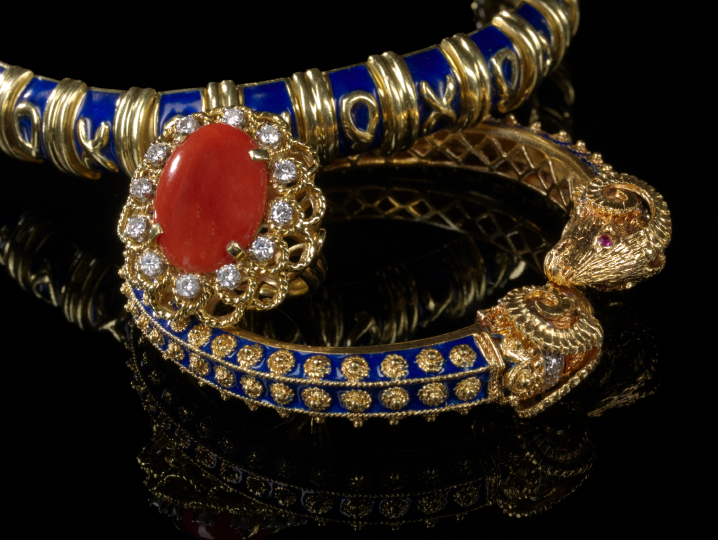 Appraisal: Greek Ancient-Style Eighteen-Karat Yellow Gold and Enamel Bangle Bracelet of