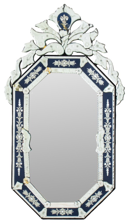 Appraisal: VENETIAN GLASS BLUE WHITE MIRROR Venetian glass blue and white