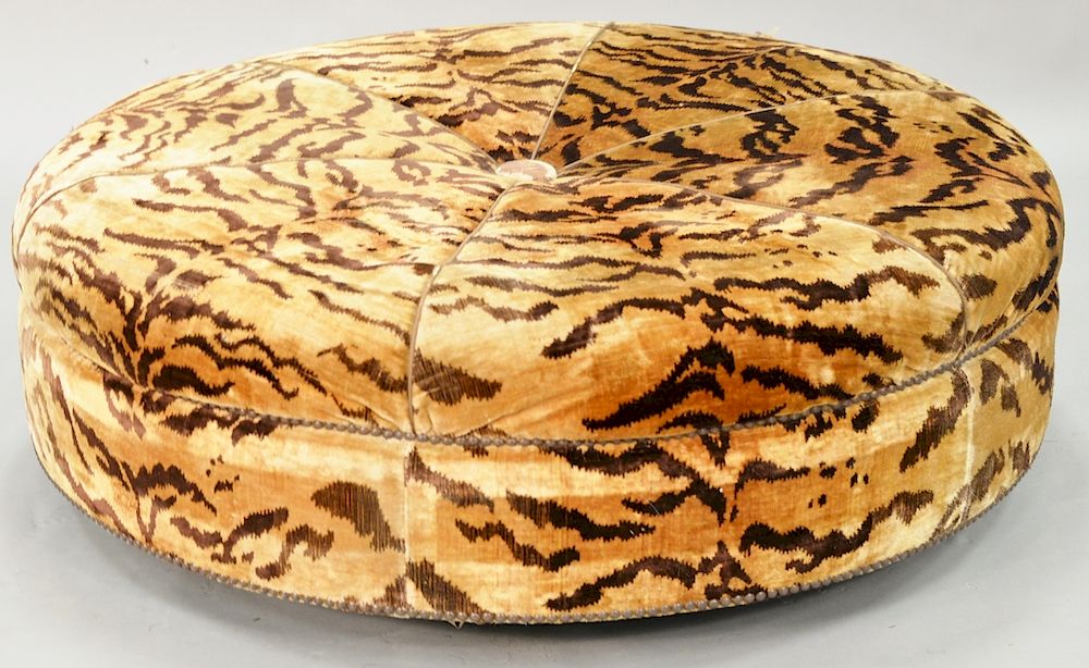 Appraisal: Scalamandre silk tiger print circular ottoman with button tufted and