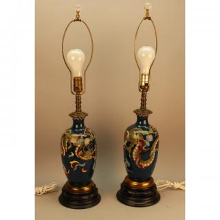 Appraisal: Pair of Antique Chinese Cloisonne Dragon Lamps Height in Does