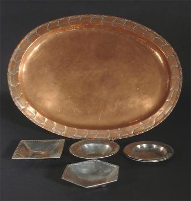 Appraisal: A Hugh Wallis copper tray elliptical form and five Hugh