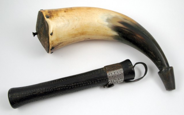 Appraisal: WOODEN MATCH SAFE PLUS POWDER HORN the match safe long