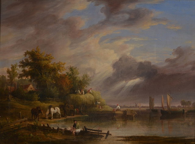 Appraisal: JOHN P HILDER fl - River landscape with barges and