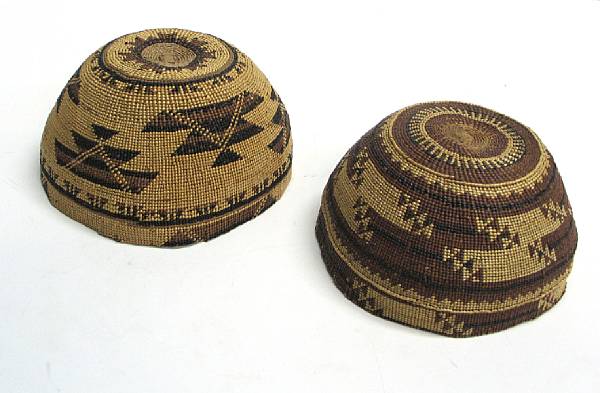 Appraisal: Two Northwest California polychrome basketry hats Including a hat a