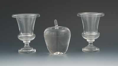 Appraisal: Two Steuben Glass Small Flower Urns and an Apple Ornamental