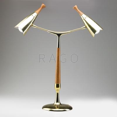 Appraisal: GERALD THURSTON LIGHTOLIER Two-arm table lamp USA s Brass anodized