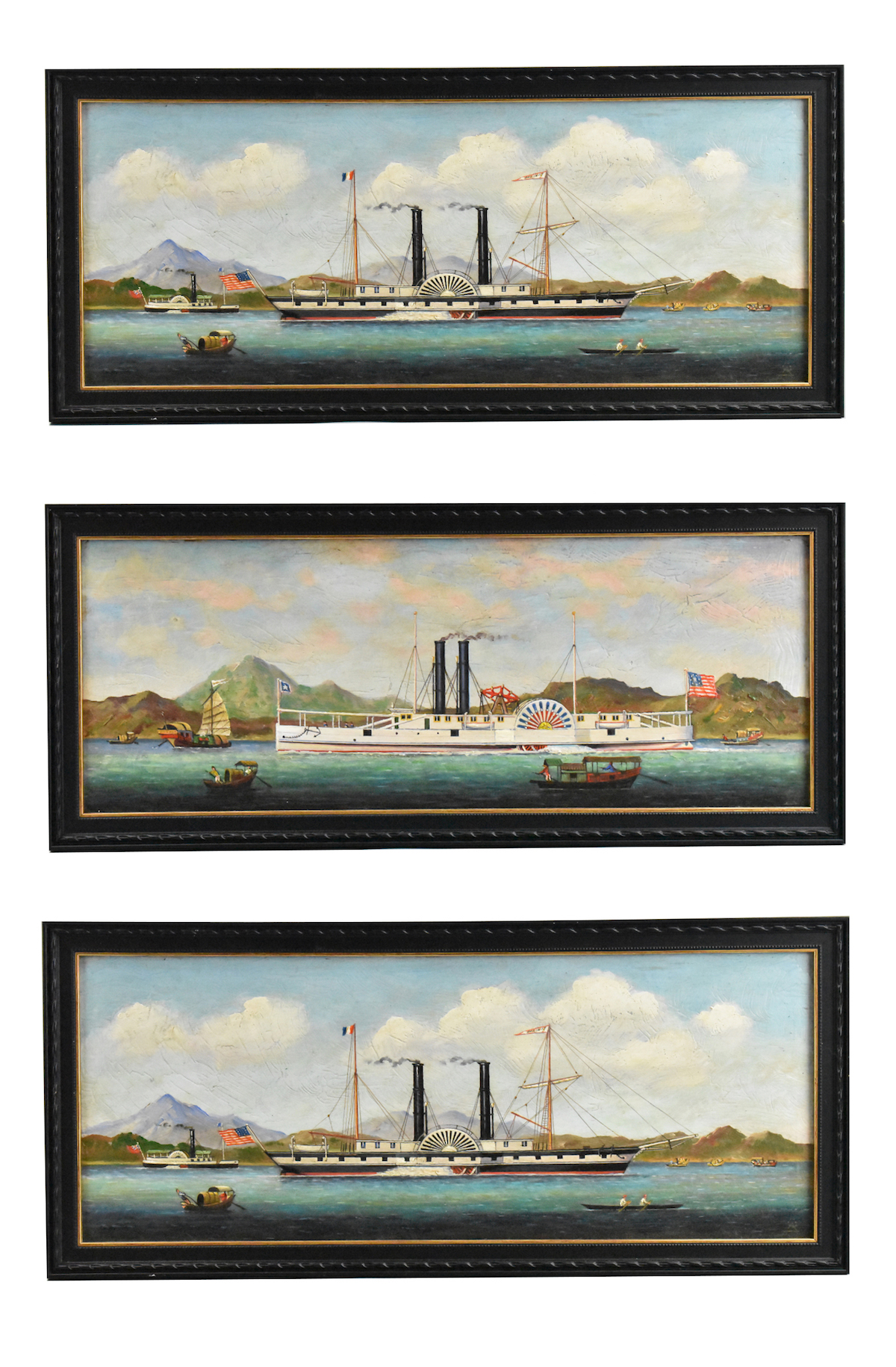 Appraisal: Three Chinese export oil paintings of a steam ship and