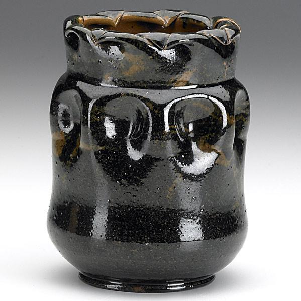 Appraisal: GEORGE OHRDimpled vase in black speckled glazeStamped G E OHR