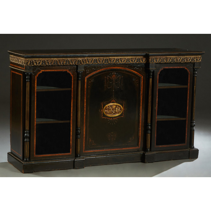 Appraisal: French Ormolu Mounted Ebonized Inlaid Walnut Breakfront Parlor Cabinet c