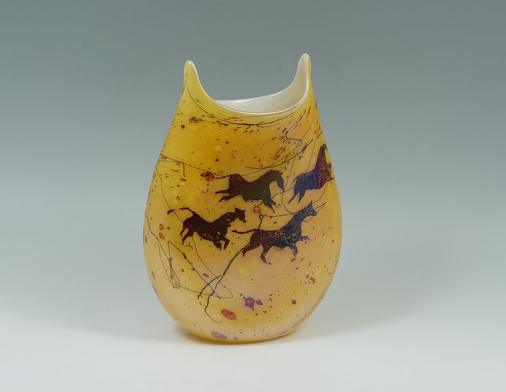 Appraisal: TANG HORSE ART GLASS VASE Shape rim mottled yellow ground