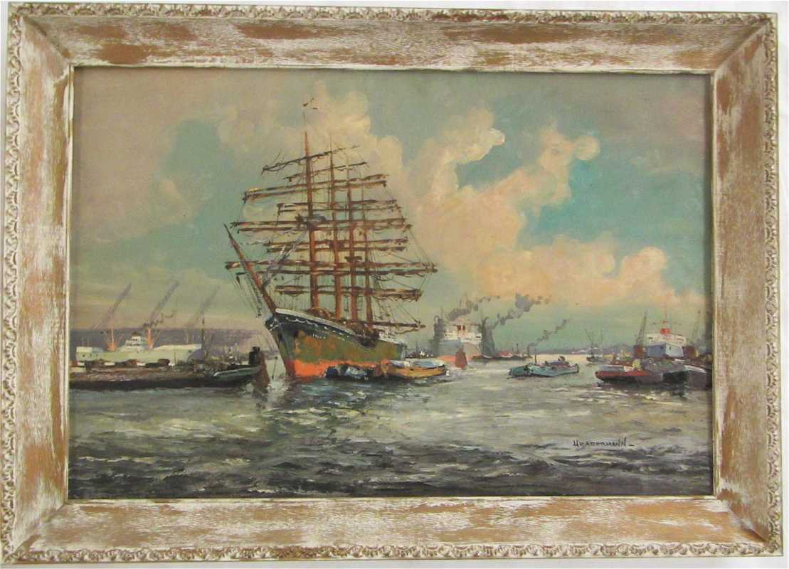 Appraisal: M HEADERMANN OIL ON CANVAS American th century Busy harbour