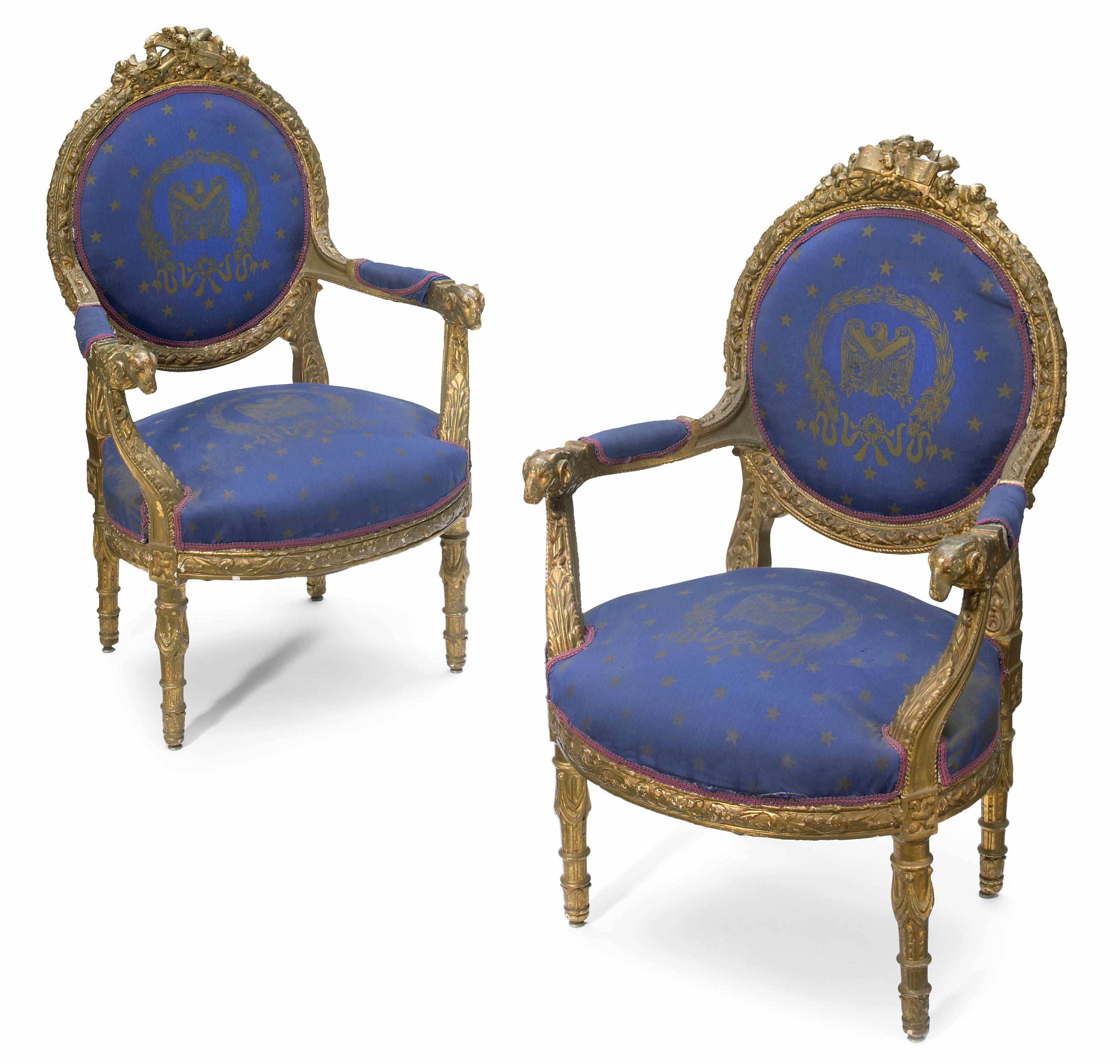 Appraisal: A pair of Louis XVI style carved giltwood fauteuils second