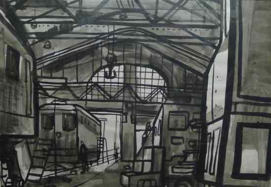 Appraisal: David Smith - ink and wash Railway shed interior x