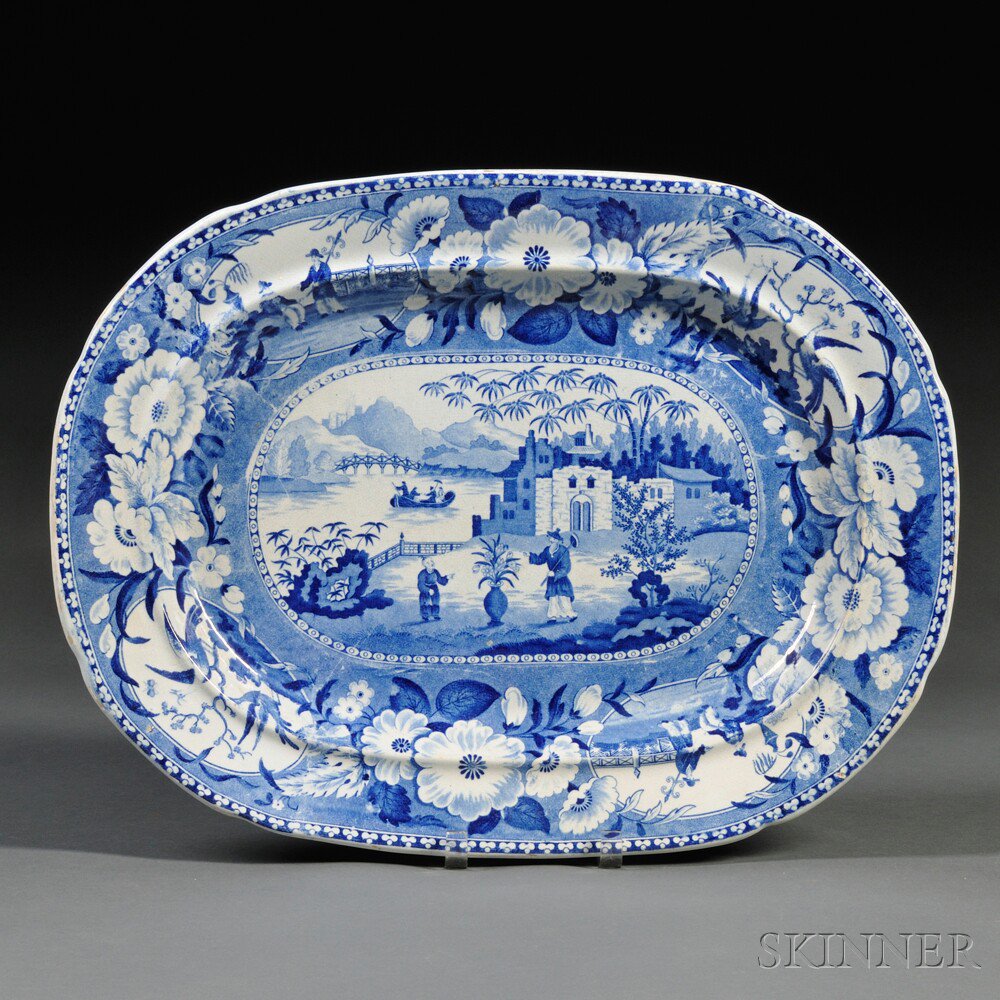 Appraisal: Blue and White Transfer-decorated Oblong Platter with Oriental Scene England